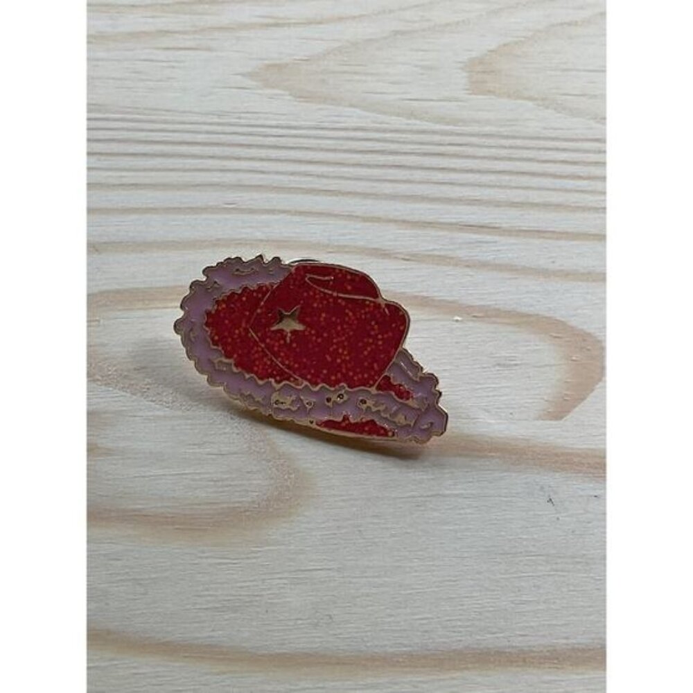 Red Glitter Cowboy Hat Enamel Pin With Gold-Tone Backing